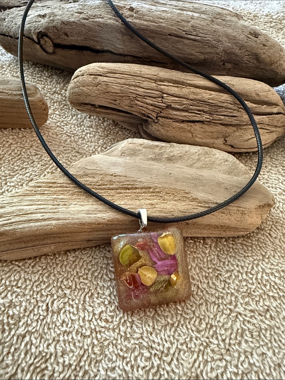 Hand Crafted Pink and Gold Resin Pendant Necklace